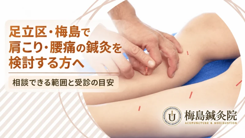 足立区・梅島で肩こり・腰痛の鍼灸相談について案内する記事のアイキャッチ画像